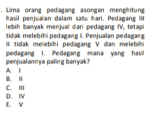 Lima orang pedagang asongan menghitung hasil penjualan dalam satu hari. Pedagang III lebih banyak menjual dari pedagang IV, tetapi tidak melebihi pedagang i. Penjualan pedagang Il tidak melebihi pedagang V dan melebihi pedagang Pedagang mana yang hasil penjualannya paling banyak? A. B. 10 C. III D. IV E. V 