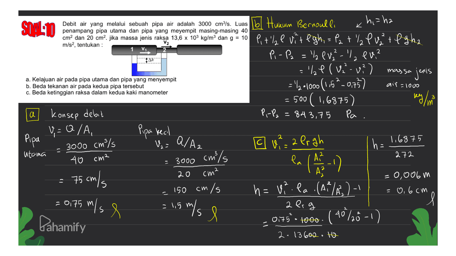 K penampang pipa utama dan pipa yang meyempit masing-masing 40 V2 m/s2, tentukan : 1 V 2 2 TAR 2 massa jenis a. Kelajuan air pada pipa utama dan pipa yang menyempit b. Beda tekanan air pada kedua pipa tersebut c. Beda ketinggian raksa dalam kedua kaki manometer air=1000 а pa . SOALAN Debit air yang melalui sebuah pipa air adalah 3000 cm?ls. Luas Hukum Bernoulli hi ha cm2 dan 20 cm2. jika massa jenis rakṣa 13,6 x 109 kg/m• dan g = 10 Pit'lze vit@gh = P2 + 22 Puteghe Pi-Pa = 'h ev? - eu? =hl (V2²-v? = '1•1000 (1,52-0,757 = 500 (1,6875) ky / m a konsep debit P.-P2 = 84 3,75 VE Q/A, Pipa kecil Pipa Ua= Q/A2 ou? = 2 ergh 2 utama 40 cm/s 75 cm/s A = 0,006 m cm/s h h = Vila.(A1/2) - AT/R, = 0,6cm m 0.75 - 4000 (40/20 -1) 2-13600 oto 2 a vi h= 1.6875 3000 cm3/s cm2 272 3000 la , A,² - A) 20 cm² 150 = 0,75 m/s e / Xo =19 1,5 m/s l aeg Pahamify . 