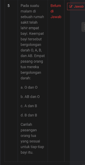 5 Jawab Belum di Jawab Pada suatu malam di sebuah rumah sakit telah lahir empat bayi. Keempat bayi tersebut bergolongan darah O, A, B, dan AB. Empat pasang orang tua mereka bergolongan darah: a. O dan o b. AB dan O C. A dan B d. B dan B Carilah pasangan orang tua yang sesuai untuk tiap-tiap bayi itu. 
2 Jawab Belum di Jawab Diketahui gen B (hitam) lebih dominan terhadap gen b (putih) dan P (panjang) dominan terhadap p (pendek). Apabila induk jantan bergenotip hitam dan panjang homozigot disilangkan dengan induk betina bergenotip putih heterozigot, bagaimanakah perbandingan genotip dan fenotip FZ? 