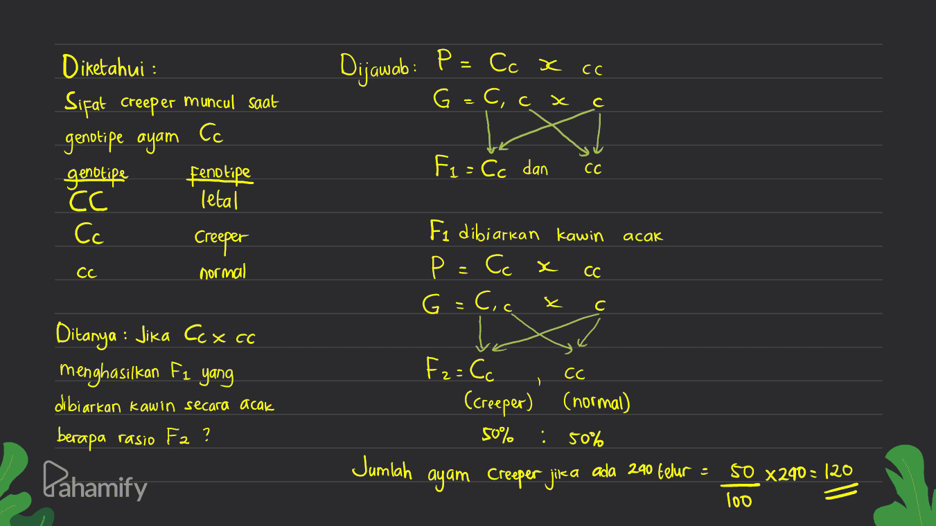 = : Dijawab: P = Cc x cc P x G=C, cx с Diketahui : Sifat Creeper muncul saat Cc genotipe ayam genotipe Fenotipe CC letal Creeper normal F =Cc dan CC Cc acak Cc Fi dibiarkan kawin Р: Сс х G =C, c. CC x C Ditanya : Jika Cox cc menghasilkan F1 yang dibiarkan kawin secara acak berapa rasio F2 ? ) Fz=Cc CC (creeper) (normal) ( 50% 50% ada 240 telur = 50 4240=120 ayam Creeper jika 100 . Pahamify Jumlah 