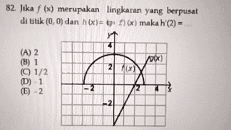 82. Jika f (x) merupakan lingkaran yang berpusat di titik (0, 0) dan h(x)= 6 x) makah (2) - 100) (A) 2 (B) 1 (1/2 (D) 1 (E) 2 27 (x) 