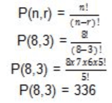 = P(n,r) & P(8,3) (8-3)! &x 7 x6x5 P(8,3) 5! P(8,3) = 336 