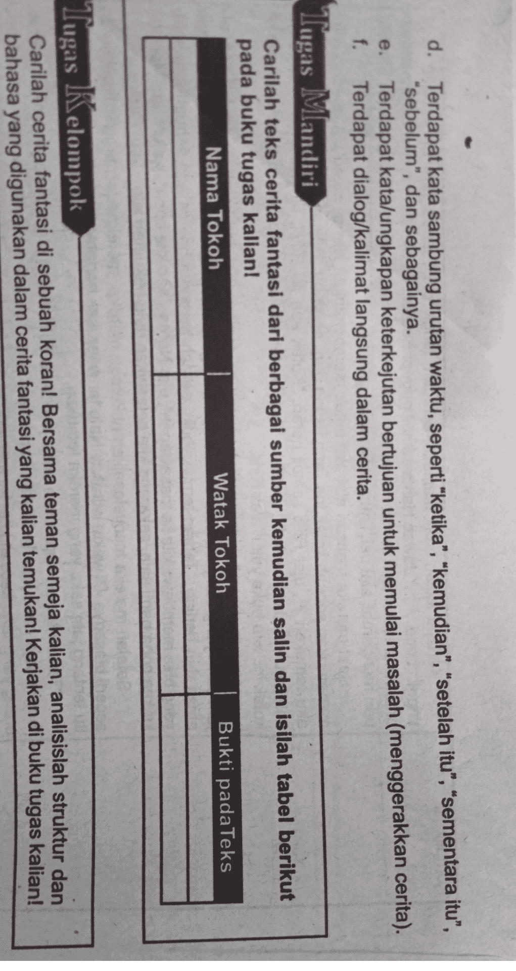 d. Terdapat kata sambung urutan waktu, seperti "ketika”, “kemudian", "setelah itu", "sementara itu", “sebelum", dan sebagainya. e. Terdapat kata/ungkapan keterkejutan bertujuan untuk memulai masalah (menggerakkan cerita). f. Terdapat dialog/kalimat langsung dalam cerita. Tugas Mandiri Carilah teks cerita fantasi dari berbagai sumber kemudian salin dan isilah tabel berikut pada buku tugas kalian! Nama Tokoh Watak Tokoh Bukti pada Teks Tugas Kelompok Carilah cerita fantasi di sebuah koran! Bersama teman semeja kalian, analisislah struktur dan bahasa yang digunakan dalam cerita fantasi yang kalian temukan! Kerjakan di buku tugas kalian! 