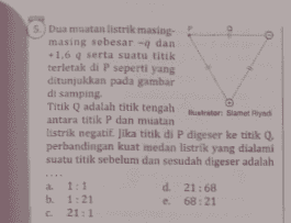5.) Dua muatan listrik masing- masing sebesar -q dan +1,6 4 serta suatu titik terletak di P seperti yang ditunjukkan pada gambar di samping Titik Q adalah titik tengah or somety antara titik P dan muatan listrik negatif. Jika titik di P digeser ke titik perbandingan kuat medan listrik yang dialami suatu titik sebelum dan sesudah digeser adalah a 1:1 b. 1:21 с. 21:1 d. 21:68 e. 68:21 