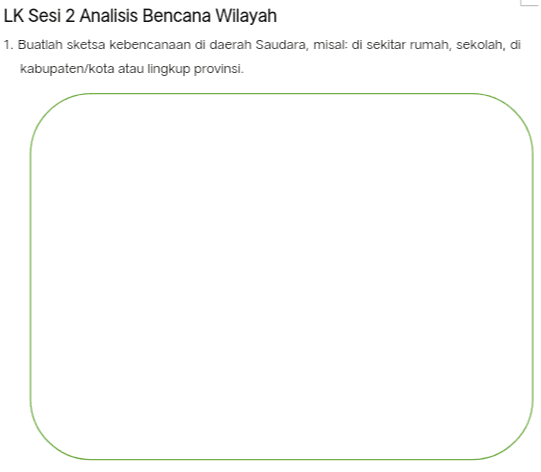 LK Sesi 2 Analisis Bencana Wilayah 1. Buatlah Sketsa kebencanaan di daerah Saudara, misal: di sekitar rumah, sekolah, di kabupaten/kota atau lingkup provinsi. 
