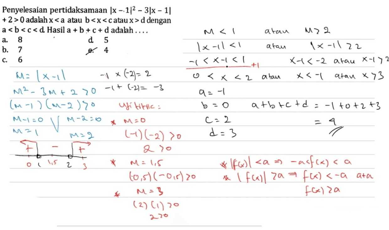 4 بو -1 (-2)=2 Penyelesaian pertidaksamaan |x-1|2 - 3|x – 1|| +2 > adalah x<a atau b<x<catau x>d dengan a<b<c<d. Hasil a + b + c + d adalah .... M<I atau M22 2 a. 8 d 5 b. 7 (x-11<1 atau 1x-1122 c. 6 -<X-!<! X-1<-2 atau x-172 +1 M=(x-11 0<x<2 atau x <-| atan 873 M² - 3 m + 220 -it (-2)= -3 a=-1 ㅓ (n-1)(m-2) yo Witirik: b=0 atbtctd = -1 to +2+3 M-120 M-220 v c=2 M=2 (-1) (-2) >0 d=3 t 2 ro 3 M = 1,5 <a> -asf(x) < (0,5)(-0,5)20 * 1 f(x) za a f(x) <-a ata M=3 fGx) za (2) (1) 20 X M20 a Mal 2 o 1,5 S a * Ifa) | 220 