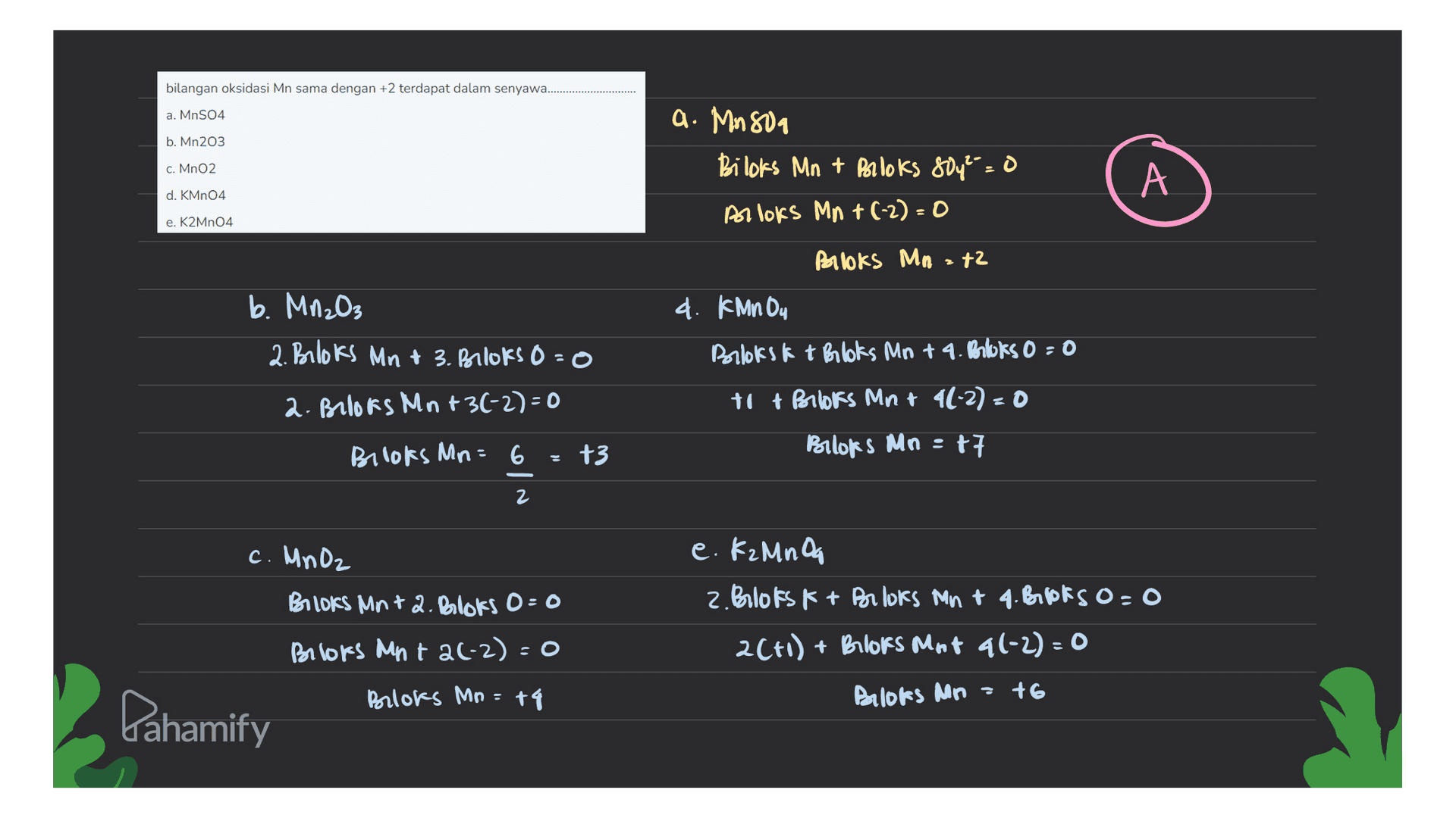 bilangan oksidasi Mn sama dengan +2 terdapat dalam senyawa.. a. MnSO4 b. Mn203 a. Musia Bilors Mn + Brooks 80y²=0 c. Mn02 А d. KMn04 Arloks Mn +(-2)=0 e. K2 MnO4 Parloks Mn - 72 4. KMnOu b. Mn₂O3 2. Brooks Mn + 3. Brooks o=0 Blokst i Bloks Mn + 4. Brooks o=0 2. Brloks Mn +3(-2) = 0 to & Blloks Mnr 41-2) = 0 Brooks Mn = 6 +3 Brloks Mn : 77 2 c. Mnoz Brloks Mnt 2. Bloks 0 - 0 e. KzMnog 2. Bloks t+ Brlors Mn + 4. Books o=0 2C) + Brloks Mnt 4(-2) = 0 Boots Mnt 20-2)=0 Bloks Mr =+q Buloks Mon . +6 Pahamify 