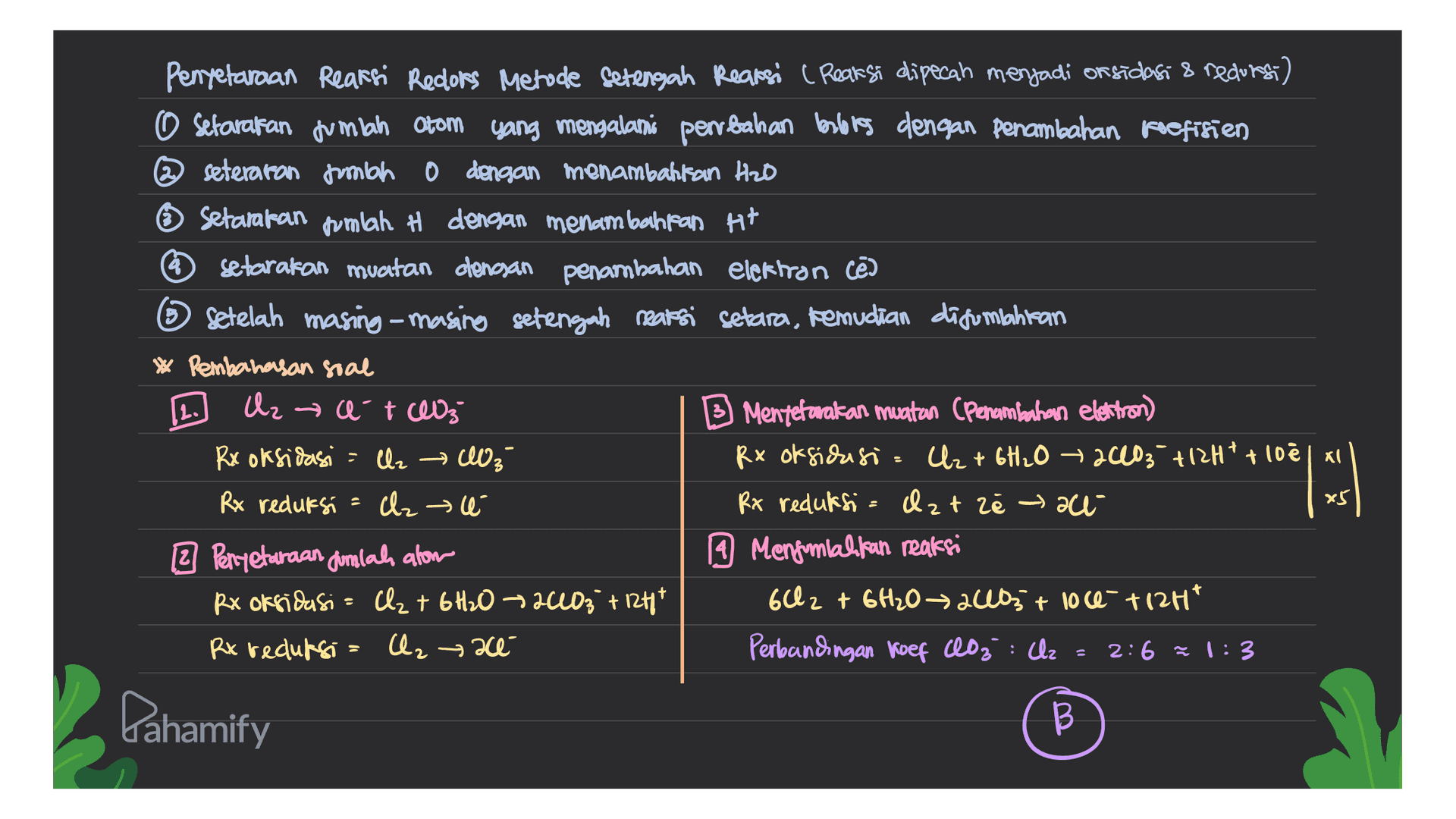 Penyetaraan Reaksi Redors Metode Setengah Reaksi ( Reaksi dipecah menjadi or sidasi & redors) O Setarakan jumlah Otom yang mengalami perrbahan balores dengan penambahan pefisien @seteraran pembah dengan menambahkan Hab Setamakan pumlah # dengan menambahan Ht setarakan muatan dengan penambahan elektron ce ② Setelah masing-masing setengah reaksi setara, kemudian disumpahitan 12. * Pembahasan soal Az e-t Oz Rx oksidasi = ll2 O3 Rx reduksi az é XO 24" * loël х B Mentetarakan muatan (Penambahan elettron) Rx oksidasi= Uz + 6H₂O 20403 +12H+ +10e Rx reduksi Iztzé » all- 19 Mengembalikan reaksi 602 + 6H₂O → 283 + 10c0 +12H Perbandingan Koef 00₂: Uz = 2:6 = 1:3 2 Reryetaraan dunglah alow Rx oksidasi = I₂ + 6H₂020403 +124* Rx reclufsi = lzace Pahamify B В 