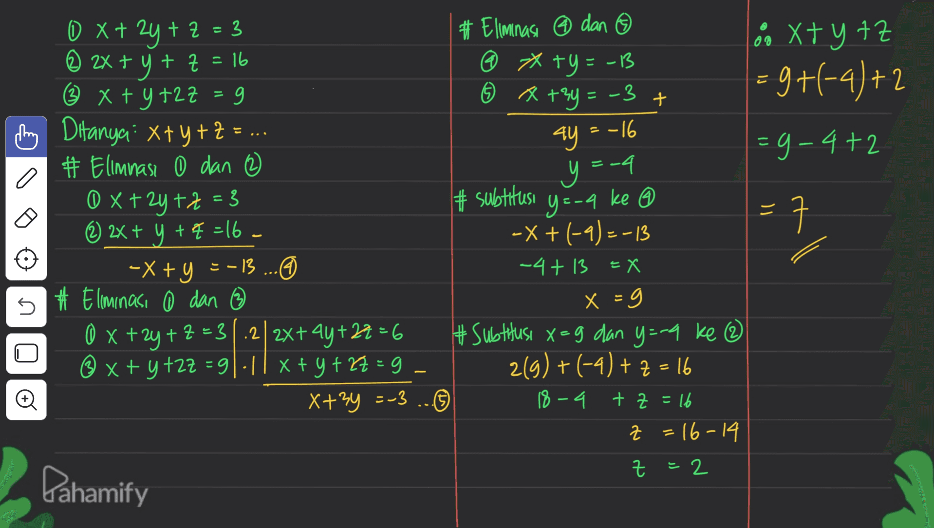 3 # Ellminasi ② dan @ *ty=-13 ② x+3y=-3 + 十 © o Xtytz =9+(-4)+2 =9-4+2 - ay = -16 y=-4 # subtitusi 1 X+2y+z=3 © 2x + y + z = 16 ® + ity + z = (x + y +2z = 9 Ang Ditanya: x+y+z= # Eliminasi 0 dan 2 Ox+2y+2=3 @ 2x + y +8=16. -Xty = -13 ... #Eliminasi o dan 0x+2y+z=3|.2/2x+4y+22=6 ® x + y +22 =9|-|| X + y + 27 = 9 - x+3y =-3 ...© = 7 5 y=-a ke -X +(-) = -13 -4+ 13 = X X =g # Subtitusi x =g dan y=-9 ke 2 2(g) + (-4)+z=16 18-9 + z = 16 z = 16-14 © Z 근 2 Pahamify 