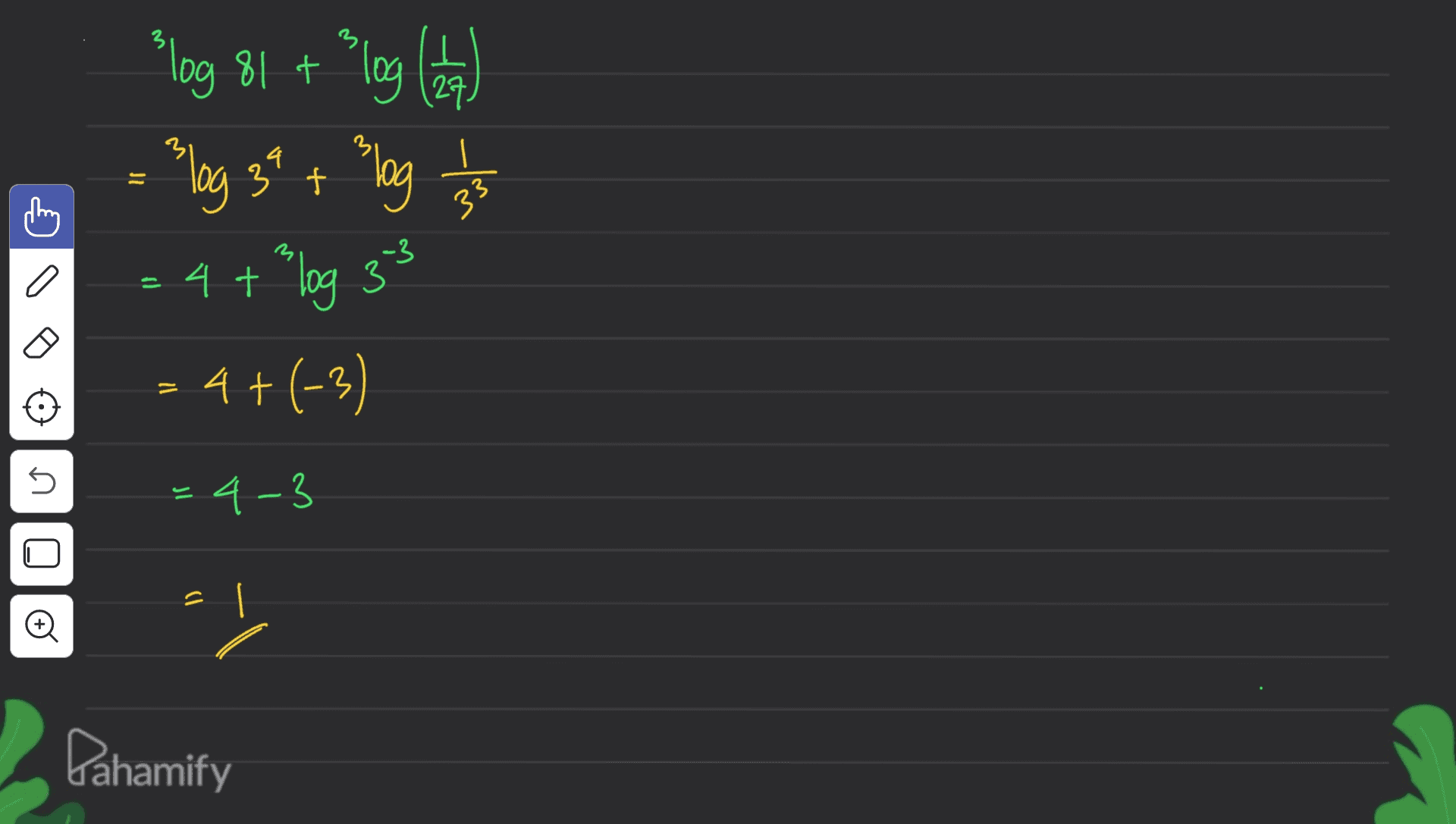 = 3 *log 81 + Plog () "lag 3² + ²log 1/3 4 + log 33 4+(-3) = 5 - 4-3 D 1 Pahamify 