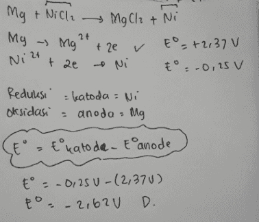 Mg + Nilli MgCl2 + Ni My - Mg2+ + 2e E = +2137 V E° -0,25 V Ni 24 t 2e Ni Reduksi : katoda = Ni oksidasi = anoda : Mg E = t'katode. Eanode t° -0,25 U-(2,370) D. to.-21620 