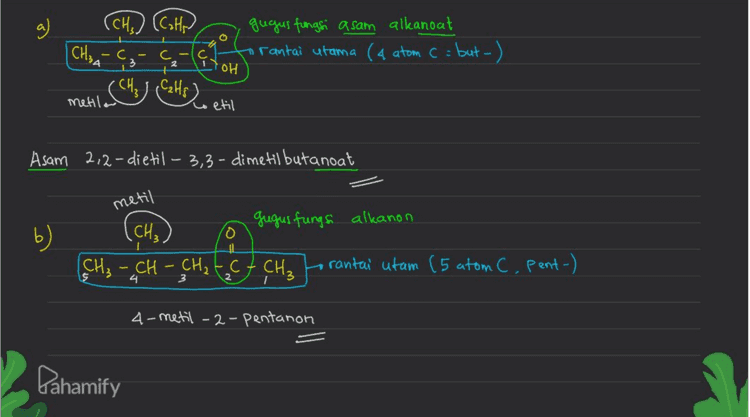 c) (C₂Hs) 0 metil etil (CH₂) gugus fungsi asam alkanoat [CH₂ CH ₂ CH₂ - C (c forantai utama (5 atom C, pent-) Cats' OH Asam 2,2-dietil-4-metil pentanoat Ada 2 gugas d) C gegres fungsi Asam alkadioat + OH Hooles) "CH 3 CH -?CH gugus (OH) fungsi hidroksi сои) (ой) rantai utama (s atom C, pent -) Asam 2,3,4 – trihidroksi-1,5- pentadijat Pahamify 
CH (Cat, gugus fungsi asam alkanoat tirantai utama (4 atom C = =but-) CH32- C3 - Chetoh -CH₂) Cats metil etil Asam 2,2-dietil 3,3-dimetil butanoat metil Gugus fungsi alkanon b) (CH₃ -CH - CH2 - CH₂ torantai utam (5 atom C, pent-) 4-metil-2-pentanon Dahamify 