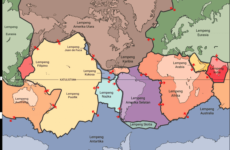 PLATE PLATE ASTHOSPHERE CONVERGENT PLATE BOUNDARY TRANSFORM PLATE BOUNDARY DIVERGENT PLATE BOUNDARY CONVERGENT PLATE BOUNDARY CONTINENTAL RIFT ZONE (YOUNG PLATE BOUNDARY) Pegunungan Andes n Rocky di Benua Amerika Indonesia dan semisalnya cth : Jepang ΤΡΕΝΟΗ TRENCH ISLAND ARC STRATO YOLCANO SHIELD VOLCANO OCEANIC SPREADINO RIDGE OCEANIC CRUST CONTINENTAL CRUST Lempeng/ LITHOSPHERE 1 ASTHENOSPHERE HOT SPOT SUBOUTING PLATE MAGMA 
Lempeng Amerika Utara Lempeng Lempeng Eurasia Eurasia ) Lempeng Juan de Fuca $ Lempeng Karibia Lempeng Filipino Lempeng Arabia . Lempeng Kokosa Lempeng India KATULISTIWA Lempeng Pasifik Lempeng Nazka Lempeng Afrika Lempeng Australian Lempeng Amerika Selatan Lempeng Australia Lempeng Skotia Lempeng Antartika 