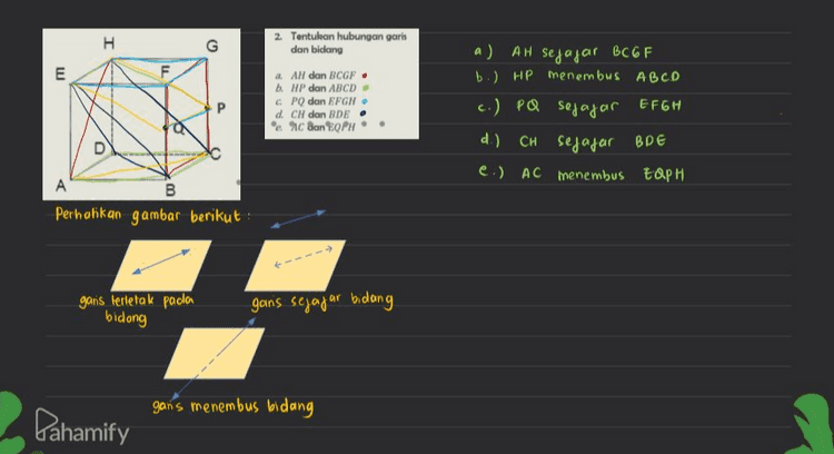 2. Tentulan hubungan antara bidang-bidang Perhatikan kubus berikut. Titik P dan Q masing-masing terletak pada pertengahan garis CG dan BF H. G ANCD dengan EFGH EPW dengan ABCD BIG dengan ACN ACHE dengan APD. E a segajar ß a berpotongan ß a) ABCD sojajar EF GH 6) EQPH berpotongan ABCD c) BEE sejajar ACH d) BCHE berpotongan ARPD a berhimpit dengan p B Pahamify 
н 2. Tentukan hubungan garis dan bidang E חד AH dan BCGF b. HP dan ABCD CPO dan EFGN d. CH dan BDE e ac dan EPH a) AH sejajar BCGF b) HP menembus ABCD c.) PQ sejajar EFGH d) CH sejajar BDE e.) AC menembus tapH D A B Perhatikan gambar berikut : garis terletak paolo bidong gans sejajar bidang gans menembus bidang Pahamify 
1 a AH dan BG- Perhatikan kubus berikut. Titik P dan masing - masing terletak pada pertengahan garis CG dan BF H G F E P g Tentukan hubungan garis a) sejajar e.) bersilangan b. EQ dan HP b) sejajar CAG dan CE. d HQ dan PE c.) berpotongan e PO dan AH d.) berpotongan Perhatikan gambar berikut .) sejafor memiliki kemiring an yang sama Contoh EF don CD •) bersilangan & terletak pada bidang yang berbeda dan hook akan berpotongan Contoh : AD dan GH a) berpotongan & dva garis yang berpotongan di satu kikk Contoh BC dan có A B D C C В. Pahamify 