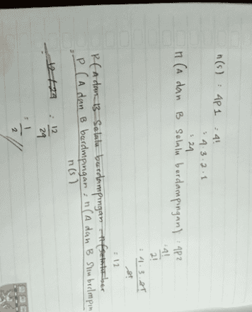 n(s): 4P1 : 4! *9.3.2.1 n (A dan B selalu berdampingan) ap? 2! :12 RHa dan 13 Selata=burdampıngan Hfoetaturber P( A dan B berdmpingan : n(A dan B Slin brelmpin 12 29 