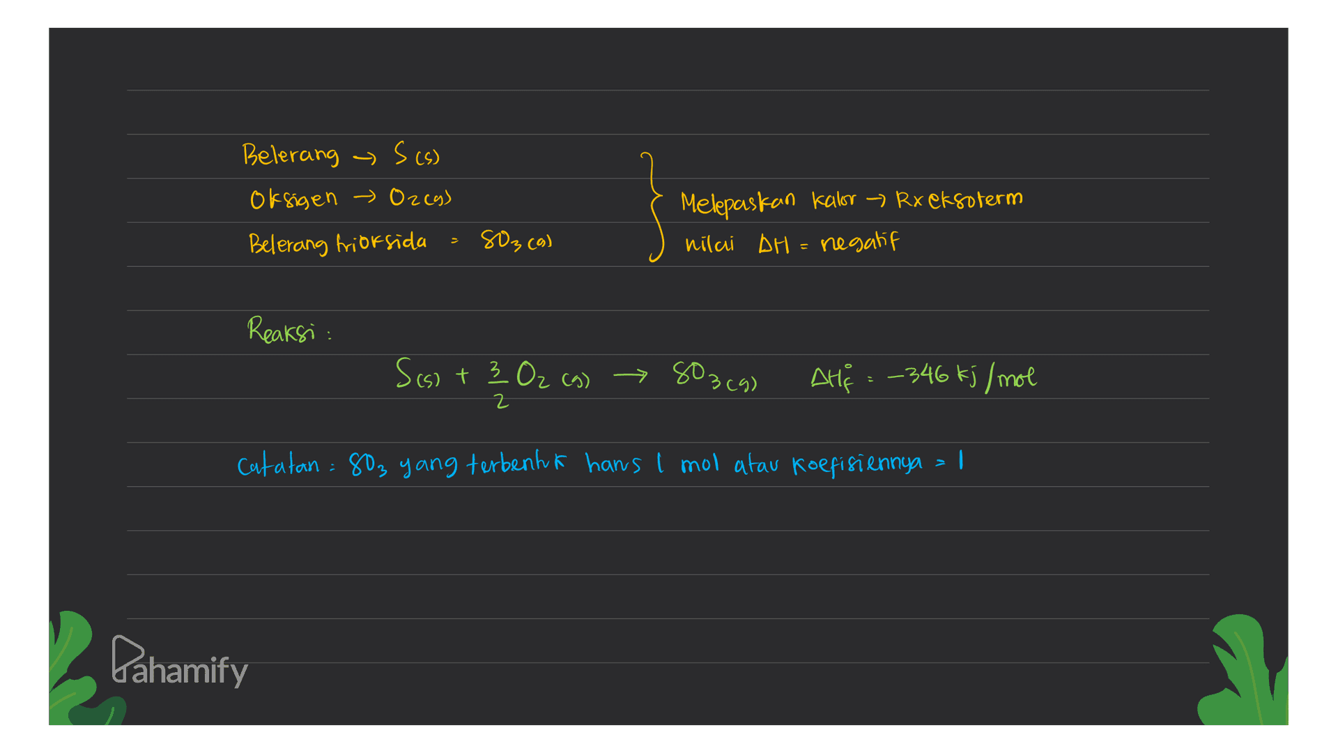 د د Beleraing S (s) Oksigen » Ozca) Belerang trioksida Melepaskan kalor Rx eksoterm nilai AH negatif SO3 cal こ Reaksi : S(s) + 3 Oz (g) → 803 (9) Auf =-346 kj/mol 2 Catatan : 803 yang terbentuk hans I mol atau koefisiennya = 1 Lahamify 