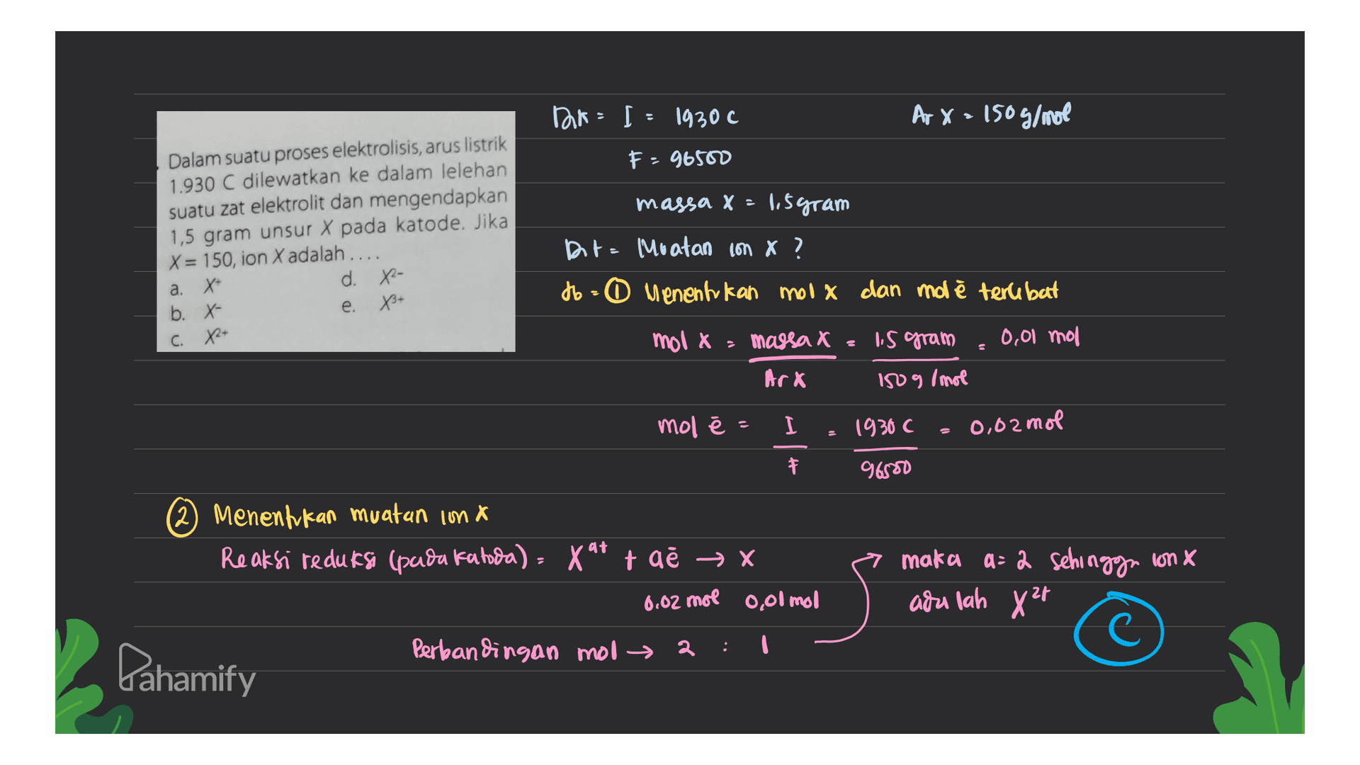 DA=1 = 1930 Ar x = 150 g/mol F - 96500 Dalam suatu proses elektrolisis, arus listrik 1.930 C dilewatkan ke dalam lelehan suatu zat elektrolit dan mengendapkan 1,5 gram unsur X pada katode. Jika X= 150, ion X adalah.... a. X d. X- b. X- X8+ massa X = 1,5 gram Dt= Muatan con x ? +6=0 Menentukan moox dan mol ē terabat mol x = massa x = 1,5 gram 0,01 mol e. C. X+ Art 1509 /mol mol e = I 1930 C 0,02 mol 干 96550 (2) Menentukan muatan lona Reaksi reduksi (pada fatida)= X at tał ₃ x 0.02 mol 0,01 mol maka a= 2 sehingga conx adalah X² Ć Perbandingan mol → 2 : 2 Pahamify 