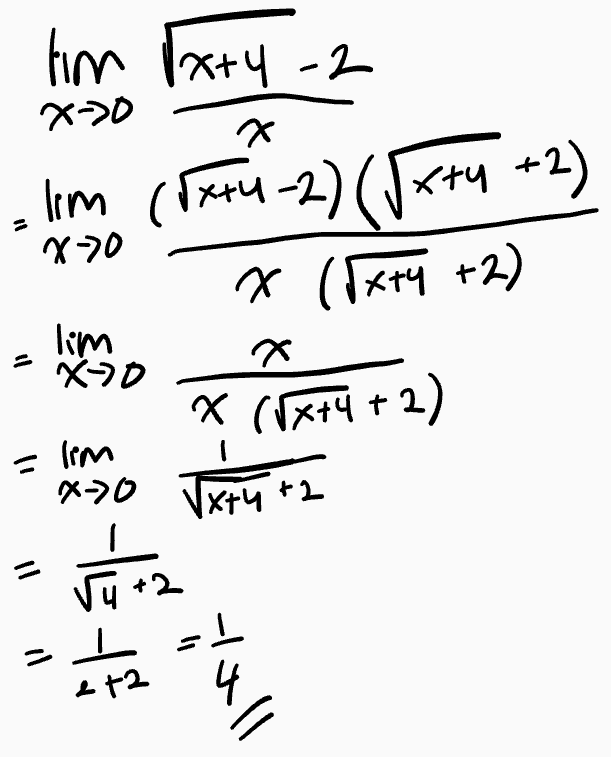 tim Txry-2 X>0 20 Im (X+4-2) (Jx+4 +2) x (1x+4 +2) 2 X (Vx+4 + 2) lim 80 =lim x-70 Vx+4+2 = Home = 1 2+2 Hull 
