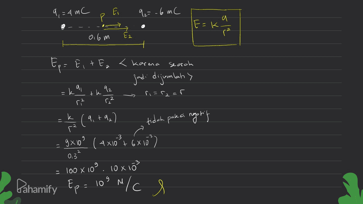 9,=4mC Ei Р 9=-6 mC E=k a q (2 от 6 м Ez Search ri=r2=r k Ep= Eit Eg < karena jadi dijumban> The more than (9,+92) tidak pakai ngorif 9x103 (4x10²t 6X10 (") 0.3 109. 1081 Pahamify Ep= 109 M/C e -3 - 100 x 10 e 
