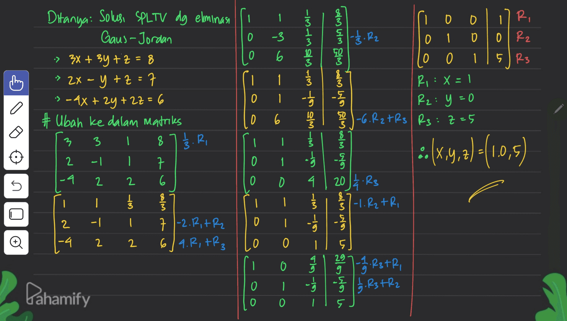 0 0 Ri 1. 0 1 R2 to Ñ 0 -3 3 1 3 10 3 - 3 R2 0 1 D 0 6 5 1 R3 thing 1 - 1 o # 50 6 3 Ditanya: Solusi SPLTV dg elminasi si Gaus-Jordan > 3x + 3y + z = 8 8 » 2X = y +z = ㅋ ſi s-4x+2y + 2z=6 0 Ubah ke dalam matrices 0 3 I 87 / 3 . R, 3 * 2 니 구 0 -9 2 2 6 0 I 늘 | 2 - 7 1-2.8, +R2 D -4 2 6/9.8,+R3 0 0 0 1 1/3 Ri : : x = 1 -5 R2: y =0 10 1-6.R2 + R3 R3:2=5 1 - 5 4 20 J/ R3 33 1 8/87-1. R2 tR, 3 =(x,y,z) +(1.0,5 ) - 1 can win olen oln Lin almoolmayan Poolmayan halos hosts 5 0 . į 8 3 1 다. | I 9 o 2 0 1 4 1 0 oi-Gla 5. § 1 - 3 R3TR, -5 15. R3TR2 0 ġ gi Pahamify o O 