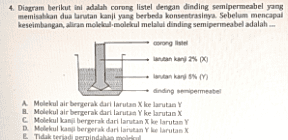 4. Diagram berikut ini adalah corong listel dengan dinding semipermeabel yang memisahkan dua larutan kanji yang berbeda konsentrasinya. Sebelum mencapai keseimbangan, aliran molekul molekul melalui dinding semipermeabel adalah anax landtankar om dinding membel A Molekul air bergerak dari larutan X kelarutan Y . Molekul air bergerak dari larutan kelarutan X C Molekulan bergerak dari larutan kelarutan Y D. Mula bergerak dari larutan kelarutan E dipinda 