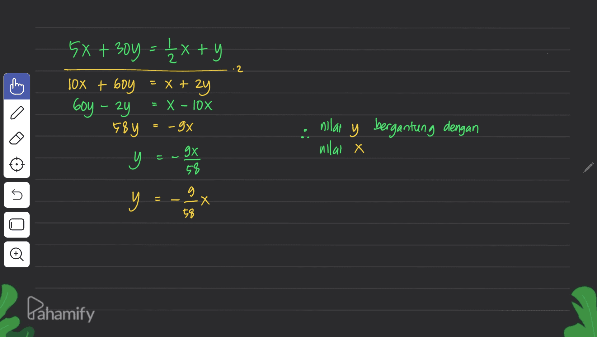 5x + 30y = 1/ 4x + y 2 hz - hog sox + 60y = x + x + 2y = x - 10x X E8Y -9x gX y 58 = nilar y bergantung dengan nilal X = y s g E y - Х 58 Pahamify 