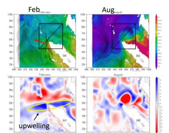Feb Aug February ugust 1ON TON 9N IN 8N BN 7N N 6N EN SN SN 4N 4N (b) SN SN 2N ok E DE BESCHEREHE 10N February 100 2N KERESSE DE RE 97 EDHE 100 August 10N ON 9N BN SN 7N 7N 6N EN SN SN AN 4N SN SN upwelling 2N 2N 