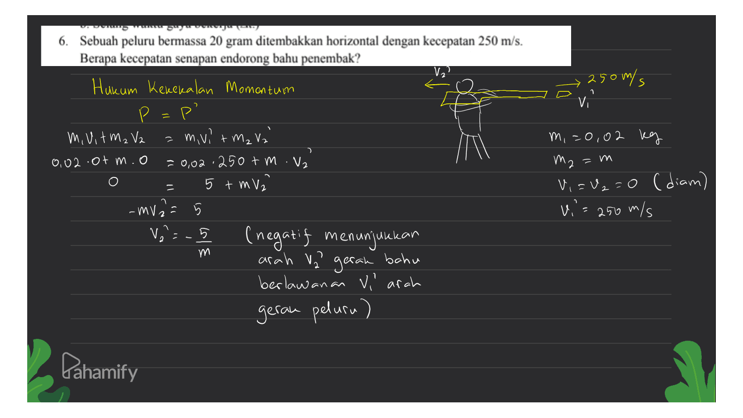vorms want R. 250m/s Vi 7 mi=0,02 kg O my = m 6. Sebuah peluru bermassa 20 gram ditembakkan horizontal dengan kecepatan 250 m/s. Berapa kecepatan senapan endorong bahu penembak? V2² Hukum Kenekalan Momentum P P' m. Uitma V2 mivi + M₂ Va' 0,02 .otm = 0,02 250+ m . V₂ 5 + m V2 -mv2=5 V2=-5 (negatif menunjukkan arah Va geran bahu berlawanan vi arah gerau peluru) V, = U2=0 (diam) 2 vi'= 250 m/s үИ Pahamify 
