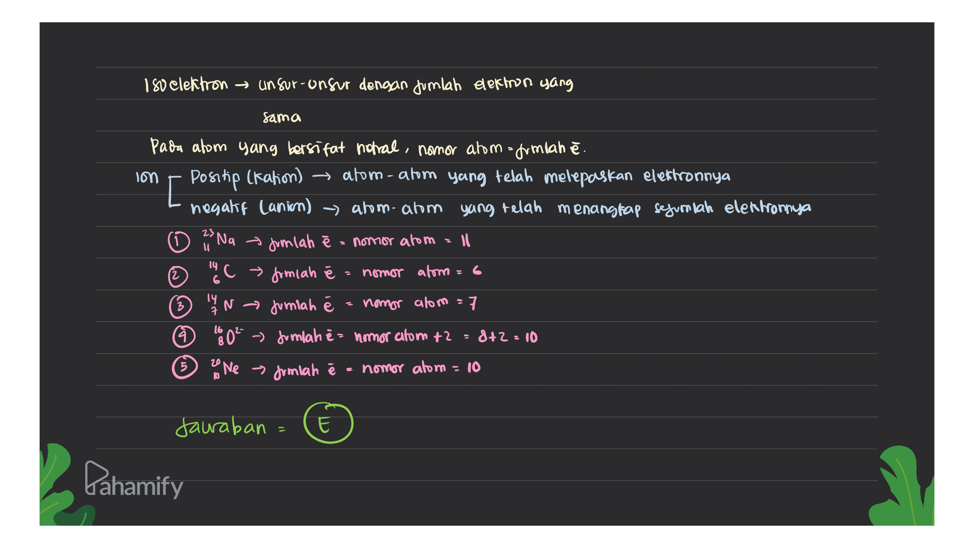 180 elektron → unsur-unsur dengan jumlah elektron yang sama 23 11 Pada atom yang bersifat notral, nomor atom=frmlah ē. son '[ Positip (kation) → atom-atom yang telah melepaskan elektronnya negatif Canion) - atom-atom yang telah menangfap sejumlah elektronnya 'Na Jumlah nomor atom Il (2 b C > formlah nomor atom 14N N Jumlah nomor alom = 7 (A 16 0² - Jumlah es nomor alom +2 = 8+2 = 10 zo we frmlah nomor atom=10 19 6 = 6 7 5 S sauraban E - Pahamify 