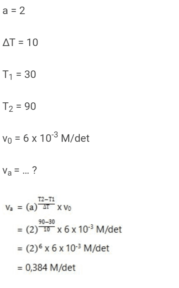 a = 2 AT = 10 T1 = 30 T2 = 90 Vo = 6 x 10-3 M/det Va = ... ? T2-T1 Va = (a) ATX VO 90-30 = (2) 70 x 6x 103 M/det = (2)6 x 6 x 10-3 M/det = 0,384 M/det 