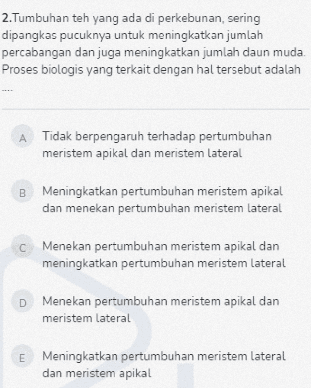 2. Tumbuhan teh yang ada di perkebunan, sering dipangkas pucuknya untuk meningkatkan jumlah percabangan dan juga meningkatkan jumlah daun muda. Proses biologis yang terkait dengan hal tersebut adalah A Tidak berpengaruh terhadap pertumbuhan meristem apikal dan meristem lateral B Meningkatkan pertumbuhan meristem apikal dan menekan pertumbuhan meristem lateral C Menekan pertumbuhan meristem apikal dan meningkatkan pertumbuhan meristem lateral Menekan pertumbuhan meristem apikal dan meristem lateral E Meningkatkan pertumbuhan meristem lateral dan meristem apikal 