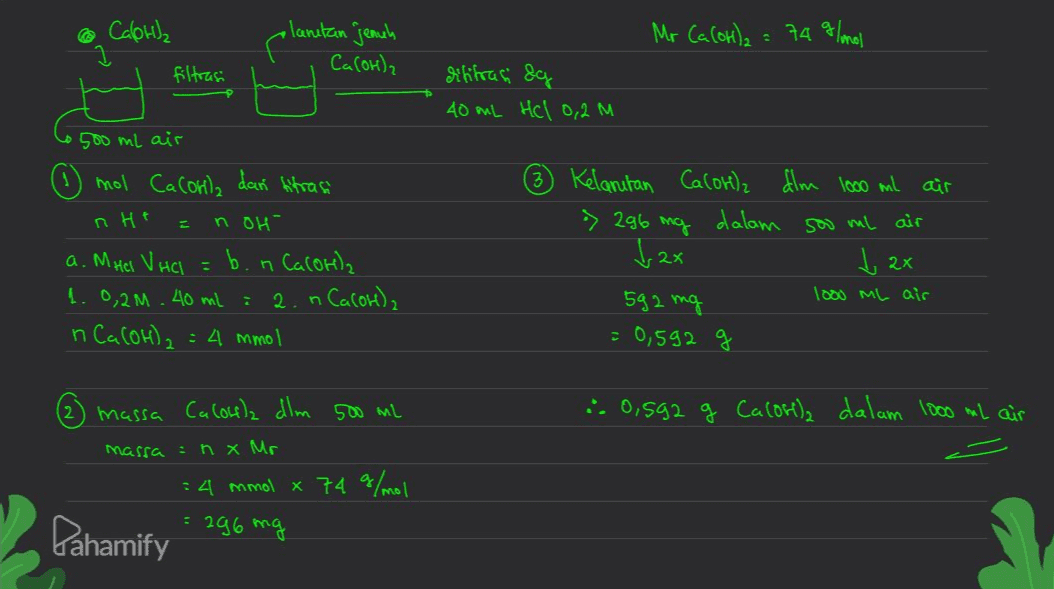 @ Calohla planetan jenuh Mr Ca(OH)₂ = 74 g/mol filtrasi Ca(OH)2 dififras &g 40 mL HCl 0,2M n Ht 500 ml air ① mol Calorla dan titrasi noH a. Mhes V HCl = b. n Ca(OH)2 1.0,2M. 40 ml : 2. n CaloH), n Ca (OH)2 = 4 mmol ③ Kelarutan Calor), dlm 1000 ml air » 296 mg dalam soo ml air . 2x į ax 1000 ml air 592 mg 0,592 (2) massa Calocela dlm 500 ml : 0,592 g Cacorta dalam 1000 ml air massa : nx Mr : 4 mmol x 74 g/mol Pahamify = 296 mg 