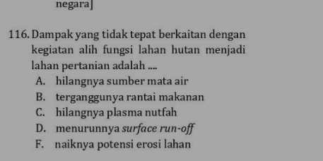 negara] 116. Dampak yang tidak tepat berkaitan dengan kegiatan alih fungsi lahan hutan menjadi lahan pertanian adalah .... A. hilangnya sumber mata air B. terganggunya rantai makanan C. hilangnya plasma nutfah D. menurunnya surface run-off F. naiknya potensi erosi lahan 