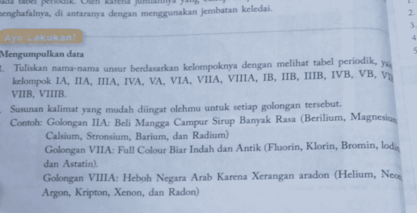 period menghafalnya, di antaranya dengan menggunakan jembatan keledai. 2 3 Ayo Lakukan! Mengumpulkan data 5. Tuliskan nama-nama unsur berdasarkan kelompoknya dengan melihat tabel periodik, kelompok IA, IIA, IIA, IVA, VA, VIA, VIIA, VIIIA, IB, IIB, IIIB, IVB, VB, VI VIIB, VIIIB. Susunan kalimat yang mudah diingat olehmu untuk setiap golongan tersebut. Contoh: Golongan IIA: Beli Mangga Campur Sirup Banyak Rasa (Berilium, Magnesiur Calsium, Stronsium, Barium, dan Radium) Golongan VIIA: Full Colour Biar Indah dan Antik (Fluorin, Klorin, Bromin, lodia dan Astatin). Golongan VIIIA: Heboh Negara Arab Karena Xerangan aradon (Helium, Neon Argon, Kripton, Xenon, dan Radon) 