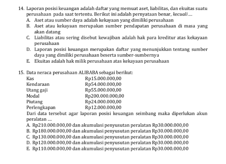 14. Laporan posisi keuangan adalah daftar yang memuat aset, liabilitas, dan ekuitas suatu perusahaan pada saat tertentu. Berikut ini adalah pernyataan benar, kecuali.... A. Aset atau sumber daya adalah kekayaan yang dimiliki perusahaan B. Aset atau kekayaan merupakan sumber pendapatan perusahaan di masa yang akan datang C. Liabilitas atau sering disebut kewajiban adalah hak para kreditur atas kekayaan perusahaan D. Laporan posisi keuangan merupakan daftar yang menunjukkan tentang sumber daya yang dimiliki perusahaan beserta sumber-sumbernya E. Ekuitas adalah hak milik perusahaan atas kekayaan perusahaan 15. Data neraca perusahaan ALIBABA sebagai berikut: Kas Rp15.000.000,00 Kendaraan Rp54.000.000,00 Utang gaji Rp55.000.000,00 Modal Rp 200.000.000,00 Piutang Rp 24.000.000,00 Perlengkapan Rp12.000.000,00 Dari data tersebut agar laporan posisi keuangan seimbang maka diperlukan akun peralatan .... A. Rp210.000.000,00 dan akumulasi penyusutan peralatan Rp30.000.000,00 B. Rp180.000.000,00 dan akumulasi penyusutan peralatan Rp30.000.000,00 C. Rp130.000.000,00 dan akumulasi penyusutan peralatan Rp30.000.000,00 D. Rp120.000.000,00 dan akumulasi penyusutan peralatan Rp30.000.000,00 E. Rp110.000.000,00 dan akumulasi penyusutan peralatan Rp30.000.000,00 
11. Transaksi yang tidak dicatat dalam jurnal penyesuaian adalah .... A. Peralatan B. Beban dibayar di muka C. Pendapatan diterima di muka D. Beban yang masih harus dibayar E. Pendapatan yang masih harus diterima 12. Nerada Saldo (sebagian Salon "Cantika": No. Nama Akun Debit Kredit 1 Perlengkapan Rp200.000,00 2 Sewa dibayar di muka Rp3.000.000,00 3 Peralatan Rp600.000,00 4 4 Modal Layla Rp4.000.000,00 Data Penyesuaian 31 Desember 2019 a. Perlengkapan yang tersisa Rp50.000,00. b. Sewa dibayar 3 Agustus 2019 untuk satu tahun. Dari data di atas disusun kertas kerja sebagai berikut: (dalam ribuan rupiah) N. Saldo AJP NSD Laba Rugi Akun Posisi Keu. DK D K K D к D K (1) Perlengkapan 200 50 150 150 (2) Sewa dibayar di muka 3.000 1.250 1.750 1.750 (3) Peralatan 600 600 600 (4) Modal Layla 4.000 4.000 4.000 (5) Beban Perlengkapan 50 50 50 (6) Beban Sewa 1.250 1.250 1.250 Penyusunan kertas kerja yang tepat terdapat pada nomor .... A. (1), (2), dan (3) B. (1), (3), dan (5) C. (2), (3), dan (6) D. (3), (4), dan (5) E. (3), (5), dan (6) No. D D - - - - - - - - - - 13. Perhatikan data perusahaan berikut: • Pendapatan jasa • Pendapatan sewa • Pendapatan bunga • Beban gaji Beban penyusutan aset tetap • Beban bunga Rp300.000,00 Rp50.000,00 Rp 25.000,00 Rp120.000,00 Rp15.000,00 Rp15.000,00 . Laba usaha perusahaan sebesar .... A. Rp 225.000,00 B. Rp240.000,00 C. Rp165.000,00 D. Rp130.000,00 E. Rp65.000,00 
6. Pada tanggal 1 November 2019 dibayar iklan untuk masa 3 bulan sebesar Rp600.000,00. Saat membayar didebitkan akun beban iklan. Jurnal penyesuaian per 31 Desember 2019 adalah .... A. Iklan dibayar di muka Rp300.000,00 Beban iklan Rp300.000,00 B. Beban iklan Rp300.000,00 Iklan dibayar di muka Rp300.000,00 Rp400.000,00 Rp400.000,00 C. Iklan dibayar di muka Beban iklan D. Iklan dibayar di muka Beban iklan E. Beban iklan Iklan dibayar di muka Rp200.000,00 Rp200.000,00 Rp200.000,00 Rp200.000,00 7. Setelah selesai membuat jurnal penyesuaian, langkah berikutnya dalam siklus akuntansi perusahaan jasa adalah .... A. menyusun jurnal penutup B. menyusun laporan keuangan C. menyusun kertas kerja D. menyusun neraca saldo E. menyusun jurnal pembalik 8. Sebuah perusahaan membeli komputer untuk peralatan kantor eharga Rp10.000.000,00 uang muka sebesar Rp4.000.000,00 dan sisanya dibayar dengan wesel tanpa bunga. Pencatatan yang benar untuk transaksi tersebut adalah .... A. Peralatan kantor (D) dan Kas (K) Rp10.000.000,00 B. Peralatan kantor (D) dan utang wesel (K) Rp 4.000.000,00 C. Utang wesel (D) Rp6.000.000,00 dan Kas (K) Rp4.000.000,00 D. Peralatan kantor (D) Rp10.000.000,00 dan Utang wesel (K) Rp6.000.000,00 E. Peralatan kantor (D) Rp10.000.000,00 Kas (K) Rp4.000.000,00 dan Utang wesel (K) Rp6.000.000,00 9. Pada tanggal 7 Januari 2020, perusahaan membayar sebagian sewa gedung sebesar Rp3.000.000,00 dari jumlah keseluruhan beban sewa sebesar Rp7.000.000,00 Pencatatan transaksi tersebut dalam jurnal umum adalah .... A. Kas (D) Rp3.000.000,00; Utang usaha (K) Rp4.000.000,00; Beban sewa (K) Rp7.000.000,00 B. Beban sewa (D) Rp4.000.000,00; Kas (K) Rp3.000.000,00; Utang usaha (K) Rp7.000.000,00 C. Beban sewa (D) Rp7.000.000,00; Kas (K) Rp3.000.000,00; Utang usaha (K) Rp4.000.000,00 D. Beban sewa (D) Rp4.000.000,00; Utang usaha (K) Rp4.000.000,00 E. Beban sewa (D) Rp3.000.000,00; Kas (K) Rp3.000.000,00 10. Di bawah ini jurnal transaksi suatu perusahaan. Beban gaji Rp 1.200.000,00 Kas Rp 1.200.000,00 Posting yang tepat dari jurnal umum di atas ke buku besar adalah .... A. Kas (D) Rp 1.200.000,00; Modal (K) Rp 1.200.000,00 B. Beban gaji (D) Rp1.200.000,00; Kas (K) Rp1.200.000,00 C. Beban gaji (D) Rp1.200.000,00; Modal (K) Rp1.200.000,00 D. Modal (D) Rp1.200.000,00; beban gaji (K) Rp1.200.000,00 E. Kas (D) Rp1.200.000,00; Beban gaji (K) Rp1.200.000,00 