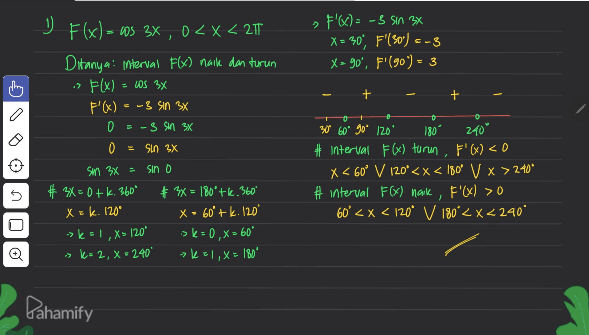 ( 2 » F'(x) = -3 sin 33 3X X = 30° , F'(30) <-3 X = 90°, F'(90°) = 3 1) F(x)= 10s 3x 0 ZX <21 Ditanya: interval F(x) naik dan turun -> Flx) - WS 3X F'(x) -3 sin 3x O =-3 sin 3x O sin 2x + + = o = ปี มา 30*60* go* 1200 180 240 # interval F(x) turun , F'(x) < 0 x < 60° V 120° <x< 180° V x > 2404 # interval F(X) haik F'(x) > 0 60° < x < 120° V 180° < x <240* sm 3x = sin o # 3X = 0+k. 360° # 3x = 180'+l. 360 X = R. (20° x = 60° + k. 120 ->k = 1, X = 120 -> k = 0 ,X = 60° -> ks 2, X = 240 -k=1, X = 180° 1 I Pahamify 