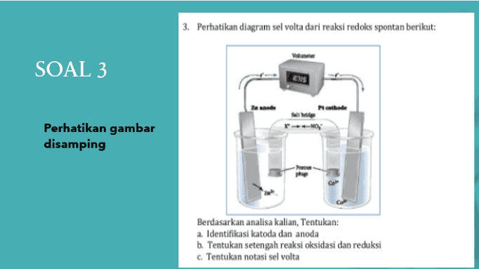 3. Perhatikan diagram sel volta dari reaksi redoks spontan berikut: Volume SOAL 3 2018 cathode -NO, Perhatikan gambar disamping for php Berdasarkan analisa kalian, Tentukan: a. Identifikasi katoda dan anoda b. Tentukan setengah reaksi oksidasi dan reduksi c. Tentukan notasi sel volta 