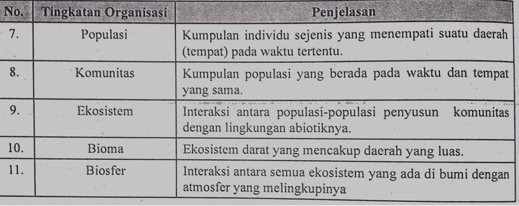 No. Tingkatan Organisasi Molekul 1. 2. Sel Penjelasan Partikel materi yang terdiri atas atom-atom sejenis maupun berlainan jenis. Unit atau satuan kehidupan terkecil dari makhluk hidup. Tersusun atas membran sel, inti sel, dan sitoplasma yang di dalamnya terdapat organel-organel sel. Kumpulan sel-sel sejenis yang memiliki fungsi sama. Kumpulan jaringan yang berperan untuk melakukan suatu fungsi. Kumpulan organ yang saling berinteraksi untuk melakukan suatu fungsi di dalam tubuh. 3. Jaringan Organ 4. 5 . Sistem Organ 6. Individu Kumpulan dari berbagai sistem organ yang berperan untuk menjalankan proses kehidupan. Individu merupakan makhluk hidup tunggal. 