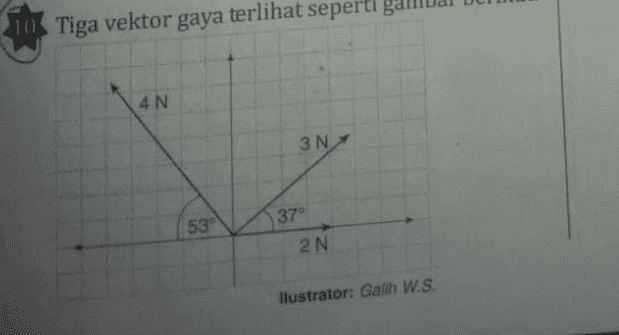 9 Dua vektor kecepatan memiliki besar yang sama adalah v. Jika besar resultan kedua vektor sama dengan v, sudut apit kedua vektor adalah .... a. 30° d. 90° b. 45° e. 120° 60° C. 
10. Tiga vektor gaya terlihat seperti 4 N 3N 53° 37° 2N llustrator: Galih W.S. 
YA F2 2N 43N FO 30° 60° F, EN llustrator: Galih W.S. Resultan dari ketiga vektor dan sudut yang dibentuk dengan sumbu X adalah.... Resultan Sudut Resultan dengan Sumbu X* a. b. 1 N 23 N 217 N 2.3 N 3./7 N 30,27 10.89 10,89° 30,27° 10,89 C. d. d. e. 
= Nilai vektor ä = 2 m/s2 membentuk sudut 37° terhadap sumbu X positif. Nilai komponen vektor percepatan dalam sumbu X dan Y berturut-turut m/s2 dan ... m/s2 
F F2 llustrator: Galih W.S. Jika satu kotak senilai 1 N, nilai resultan kedua gaya tersebut sebesar . . . . a. 15 N d 28 N b. 20 N e. 32 N C. 25 N 