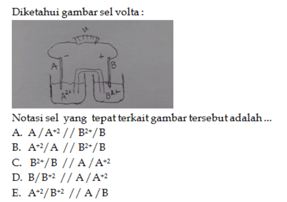 Diketahui gambar sel volta: А A B Bet Notasi sel yang tepat terkait gambar tersebut adalah ... A. A/A+2 // B2-/B B. A2/A // B2+/B C. B2-/B // A /A+2 D. B/B+2 // A / A+2 E. A2/B+2 // A/B 