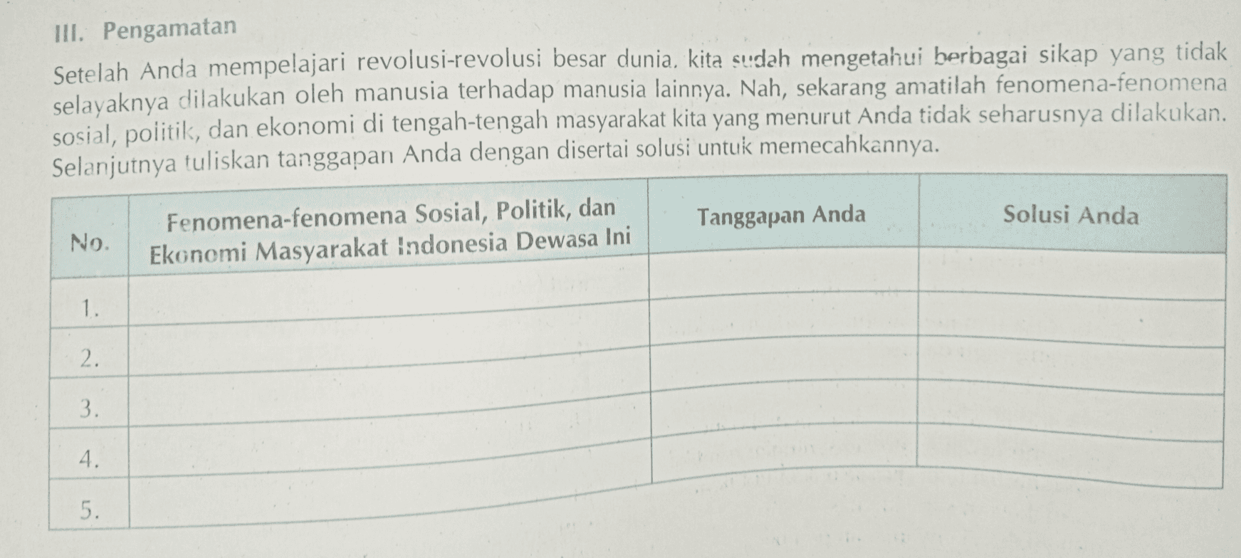 III. Pengamatan Setelah Anda mempelajari revolusi-revolusi besar dunia, kita sudah mengetahui berbagai sikap yang tidak selayaknya dilakukan oleh manusia terhadap manusia lainnya. Nah, sekarang amatilah fenomena-fenomena sosial, politik, dan ekonomi di tengah-tengah masyarakat kita yang menurut Anda tidak seharusnya dilakukan. Selanjutnya tuliskan tanggapan Anda dengan disertai solusi untuk memecahkannya. Tanggapan Anda Solusi Anda No. Fenomena-fenomena Sosial, Politik, dan Ekonomi Masyarakat Indonesia Dewasa Ini 1. 2. 3. 4. 5. 