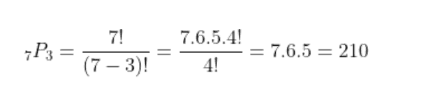 7P3 = 7! (7 – 3)! 7.6.5.4! 4! = 7.6.5 = 210 