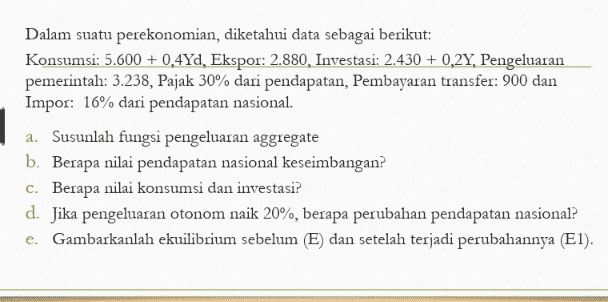 Dalam suatu perekonomian, diketahui data sebagai berikut: Konsumsi: 5.600 + 0,4Yd, Ekspor: 2.880, Investasi: 2.430 + 0,2%, Pengeluaran pemerintah: 3.238, Pajak 30% dari pendapatan, Pembayaran transfer: 900 dan Impor: 16% dari pendapatan nasional. a. Susunlah fungsi pengeluaran aggregate b. Berapa nilai pendapatan nasional keseimbangan? c. Berapa nilai konsumsi dan investasi? d. Jika pengeluaran otonom naik 20%, berapa perubahan pendapatan nasional? e. Gambarkanlah ekuilibrium sebelum (E) dan setelah terjadi perubahannya (E1). 