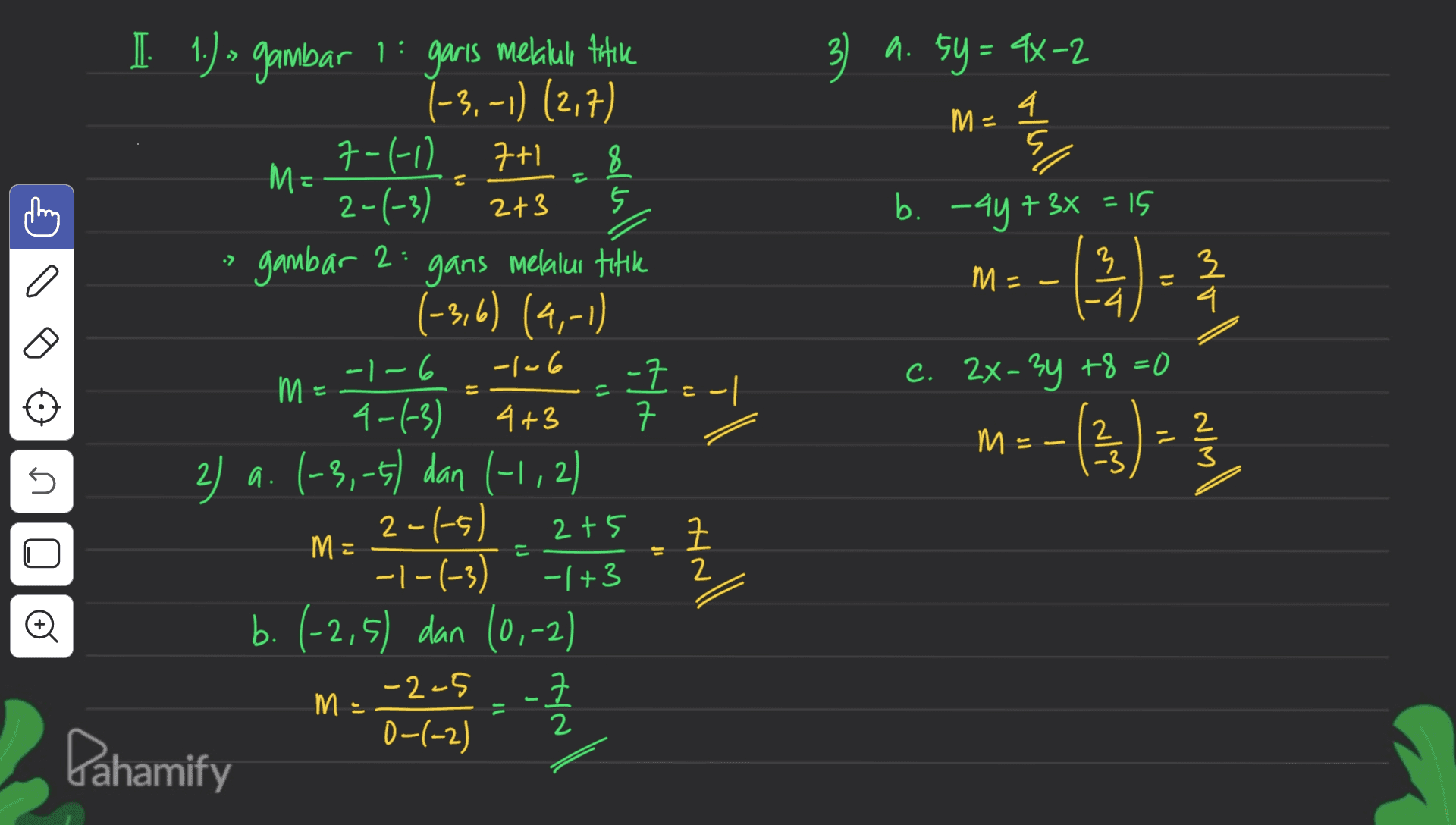3 3) 9. 5y=9x-2 a M= 8 ul 2 2+3 5 b. -4y f x = IS > gambar 2: 로 M = 이 9 -4 21 3 ㅂ 6 6 -() (를 IME 니 I 1.) » gambar 1: garis melakull tatile 13, 1 (21) 케고 케 ME 8. 2-(-3) gans melalui titik (-) (4-1) 크 t3 4+3 ㅋ 22 a 1, -5 dan 서 지 2나티 -1-(-3) -1+3 b.12,5 dan 101-2 크 아지 Pahamify C. 2x - y F8 =0 175 m = 2 2 -3 2 3 U 2+5 U ME E 크 2 를 그 +3 FO -2-5 MS 2 