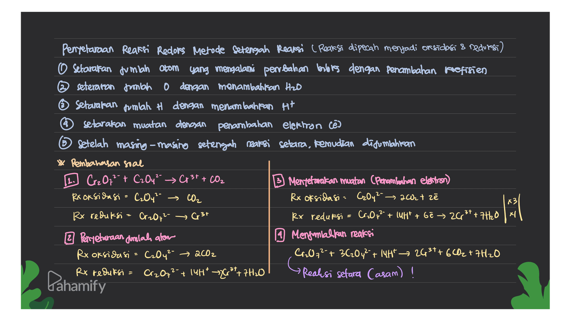 Penyetaraan Reaksi Redors Metode Setengah Reaksi ( Reaksi dipecah menjadi orsidasi & redors) O Setarakan jumlah Otom yang mengalami perbahan beslenes dengan penambahan koefisien @seteraron mbah dengan menambahkan Hzo Setarakan jumlah H dengan menambahkan Ht * setarakan muatan dengan penambahan elektron cē 6 Setelah masing-masing setengah reaksi setara, kemudian disumpahitan * Pembahasan soal [2.] Cr2O7²- + C₂Oy² Cr3+ + CO₂ B Mentetarakan muatan (Penambahan elektron) Rx oksidasi = C₂O4²- → CO2 Rx oksidasi - GO42-- 2002tz Rx reduksi = Cr2O72- Cr3+ Rx reduksi = Cr₂O7²- + UH" + Ge » 206 +7H20 x 0 | 시 2 Perryetaraan gimlah alom 9 Menfumlahkan reaksi Rx oksidasi = C₂O4²- -> 2002 CrO;²+362042 + 14HT → 2637+ 6CO2 +7H2O Rx reduksi = Cr₂O72- Cr2O7²- + 14H* 26² +7H20 • Reaksi sefara Casam) ! X3 3+ Bahamify 