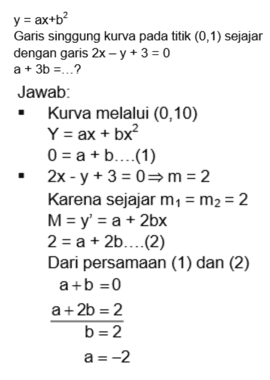 y = ax+b2 Garis singgung kurva pada titik (0,1) sejajar dengan garis 2x – y + 3 = 0 a + 3b = ? Jawab: Kurva melalui (0,10) Y = ax + bx? 0 = a + b... (1) 2x - y + 3 = 03 m = 2 Karena sejajar m1 = m2 = 2 M=y' = a + 2bx 2 = a + 2b...(2) Dari persamaan (1) dan (2) a+b =0 a + 2b = 2 b=2 a= -2 
