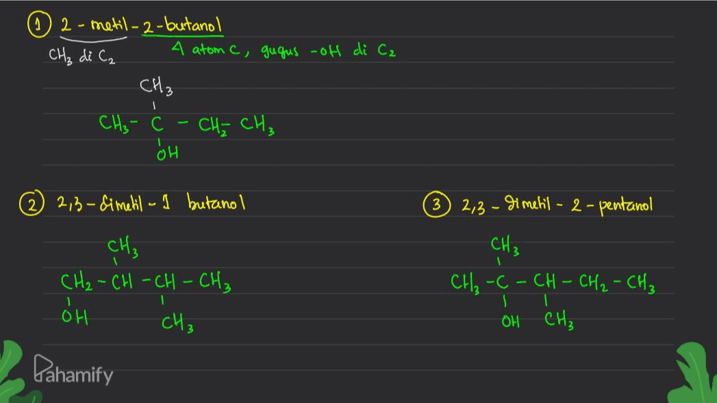 ③ 2-metil-2-butanol CH₃ di C₂ 4 atomc, gugus -oh di C2 CH3 1 СИ, - с ÓH CH₃ CH₃ 2 2,3-dimetil - I butanol CH, CH₂ - CH -CH-CH₃ OH 대 . 3 2,3-dimetil - 2-pentanol CH₃ CH₃ -C- CH - CH₂ - CH₃ CH₃ -С 1 CH3 OH Pahamify 