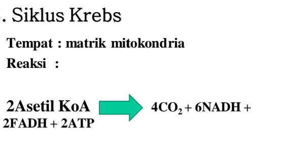 . Siklus Krebs Tempat : matrik mitokondria Reaksi : 2 Asetil KOA 2FADH + 2ATP 4CO2 + 6NADH + 
Krebs Cycle (Citric Acid Cycle) Pyruvic acid NAD+ CO2 + NADH Acetyl-CoA ? COA OAA Citric acid (4C) (60) NAD+ CO2 NADH NADH NAD CO2 NAD+ NADH FADH2 FAD ADP + Pi ATP 
