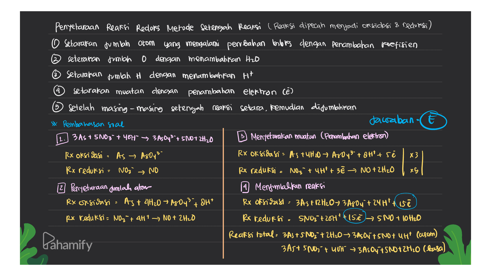 Penyetaraan Reaksi Reclors Metode Setengah Reaksi ( Reaksi dipecah menjadi or sidasi & reduresi) O setarakan jumlah Otom yang mengalami perubahan babies dengan penambahan koefisien O @seteraran jumlah 0 dengan menambahkan Hzo Setarakan pumlah H dengan menambahkan Ht setarakan muatan clencian penambahan elektron (e) Setelah masing-masing setengah reaksi setara, kemudian ditumbahkan Pembahasan soal Jawaban E 2. 3 AS + 5N03° + YOH → 3 AsOy3 + 5N0+2H20 Mentetarakan muatan (Penambahan elettron) Rx oksidasi As AsOy²- Rx oksidasi = AstuHzo AsOy 3+ & Httsé X3 Rx reduksi NO3 → NO Rx reduksi = NO3 + CHI + 30 NO + 2H₂O xS 12 Penyetaraan cumlah alom 9 Menjumlah kan reaksi RX of sidasi As+ 4H₂O → AS 043 + SH* Rx oksidasi : 3Ast 12H₂O73A80y+24Httise Rx reduksi= NO3+ 4H+ NO + 2H2O Rx reduesi. SNO3 +2014+ +158 SNO + 10 H2O Reaksi total: 3A5 +5 NO3 + 24207 305O4 + SNOP UHcasam) 3A5+ 500+ uni 3 AS0GTS NOTZH2O (basa) : Pahamify 
