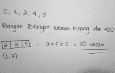 O, 4, 2,4,5 Banyak bilangan ratusan kurang dari 400 2 5 5 2x5x5 : 50 macam 6.a) 